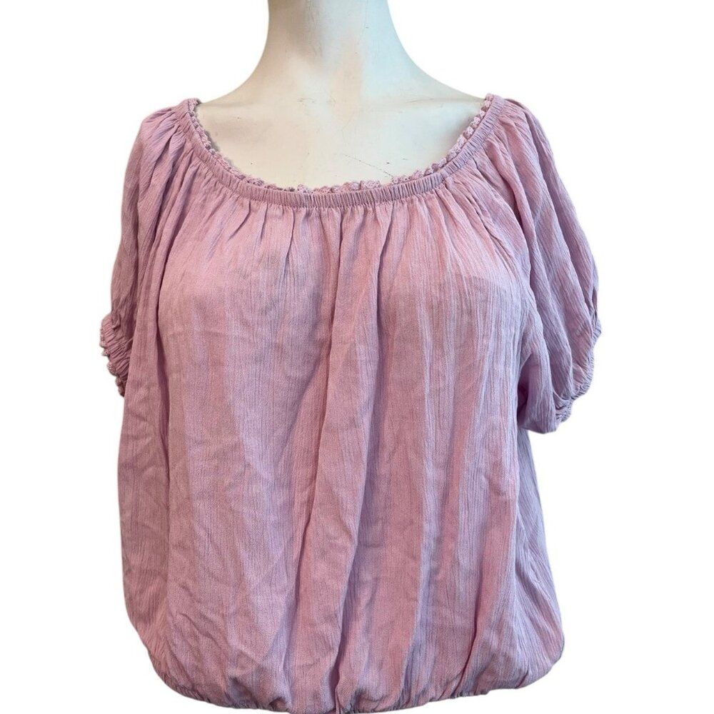 Junior's XL Crepe Peasant Crop Top Orchid Short Sleeve Off Shoulder Blouse NWT